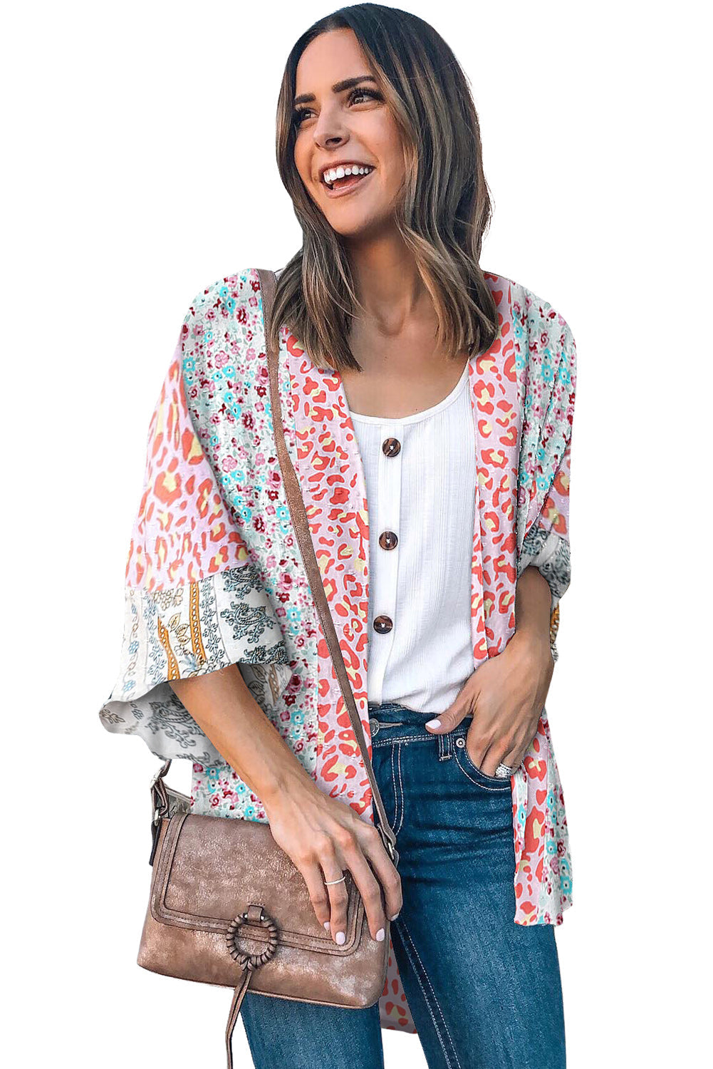 Multicolor Print Open Front Bell Sleeve Kimono Fashionpara