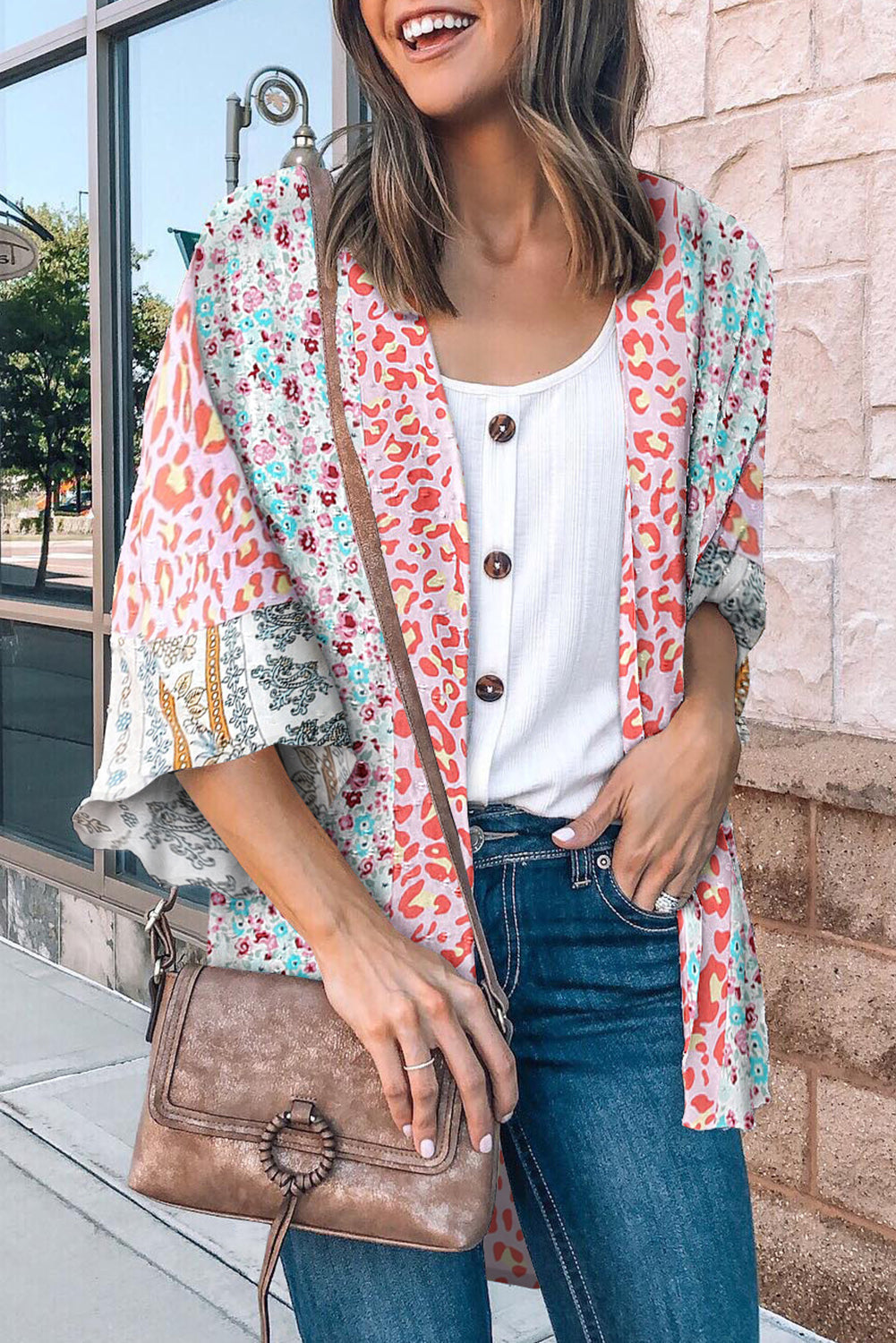 Multicolor Print Open Front Bell Sleeve Kimono Fashionpara