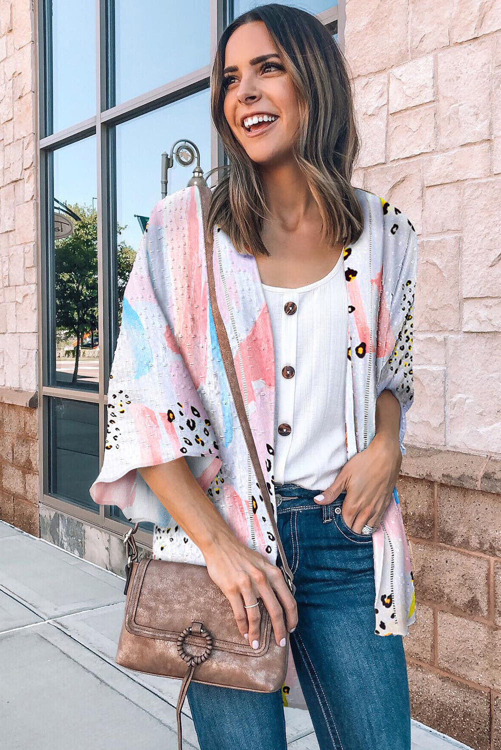 Multicolor Print Open Front Bell Sleeve Kimono Fashionpara