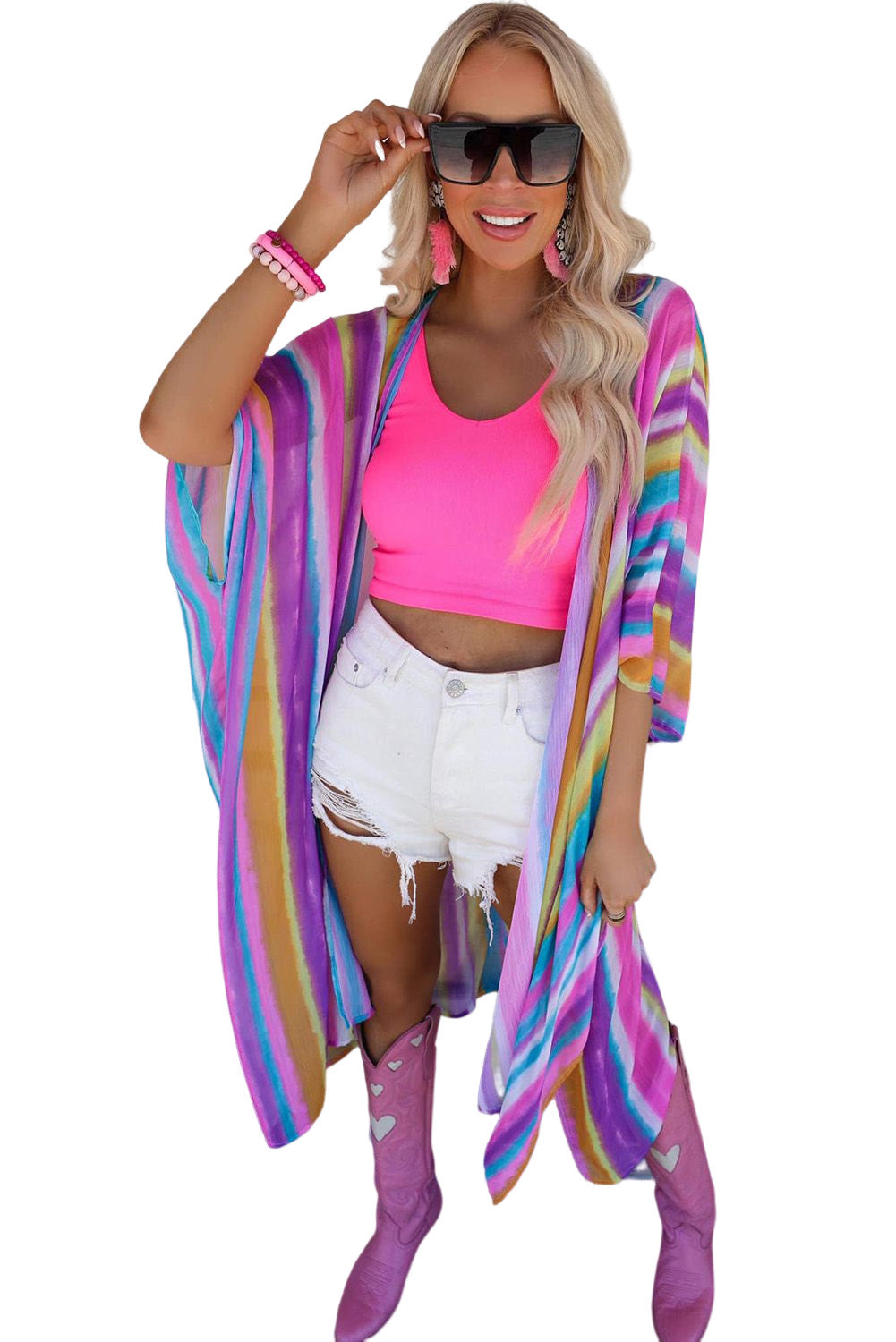 Multicolor Striped Print Oversized Kimono