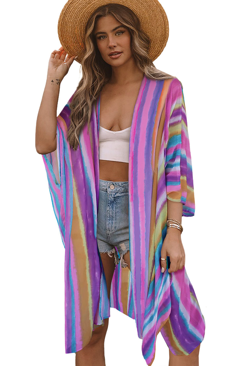 Multicolor Striped Print Oversized Kimono