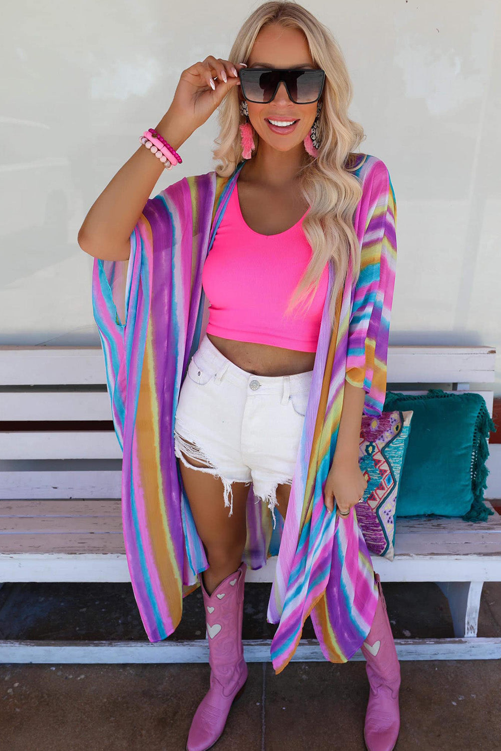 Multicolor Striped Print Oversized Kimono