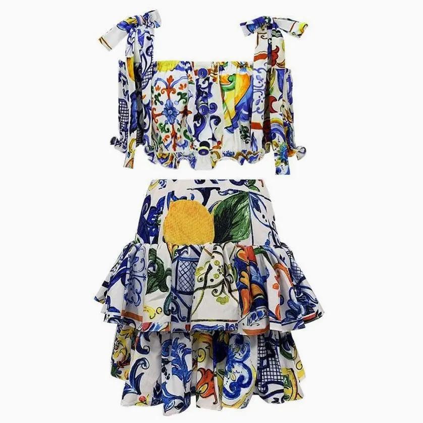 Multicolored Floral Printed Crop Top and Tiered Ruffle Skirt Matching Set Fashionpara