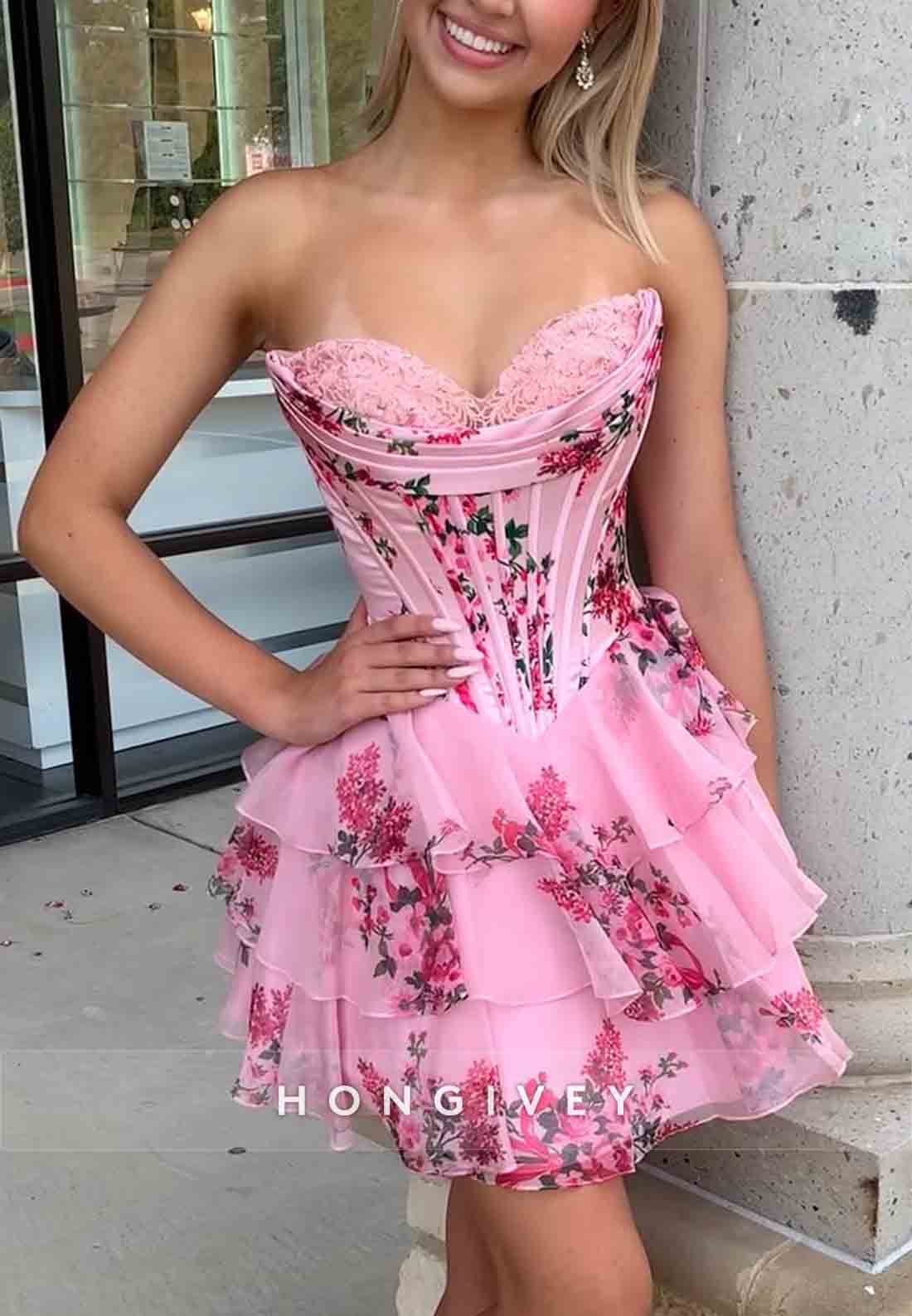 Strapless Floral Print Ruffles Sleeveless Pleated A-Line Short Homecoming dresses