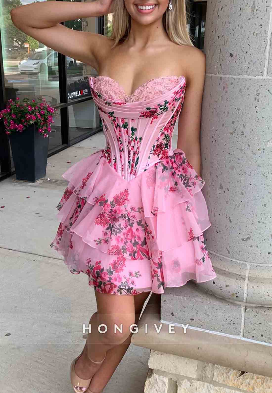 Strapless Floral Print Ruffles Sleeveless Pleated A-Line Short Homecoming dresses