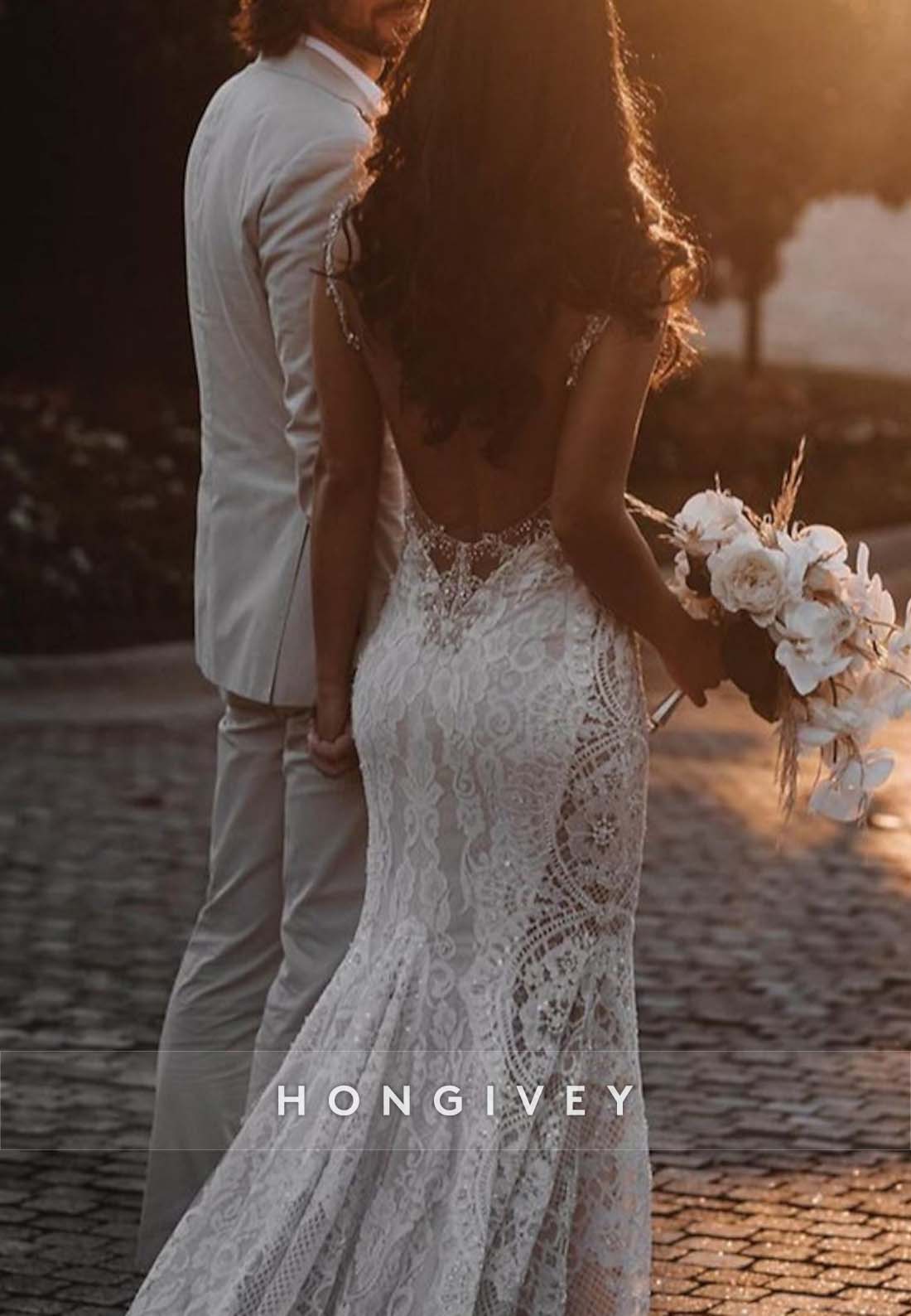 Backless Lace Sleeveless V Neck Pleated Regular Straps Trumpet Boho Wedding Dresses