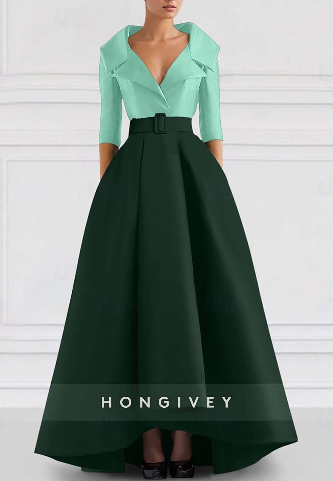 A-line Asymmetrical Evening Gown V Neck Half Sleeve Pockets Pleated Waistband Mother of the Bride