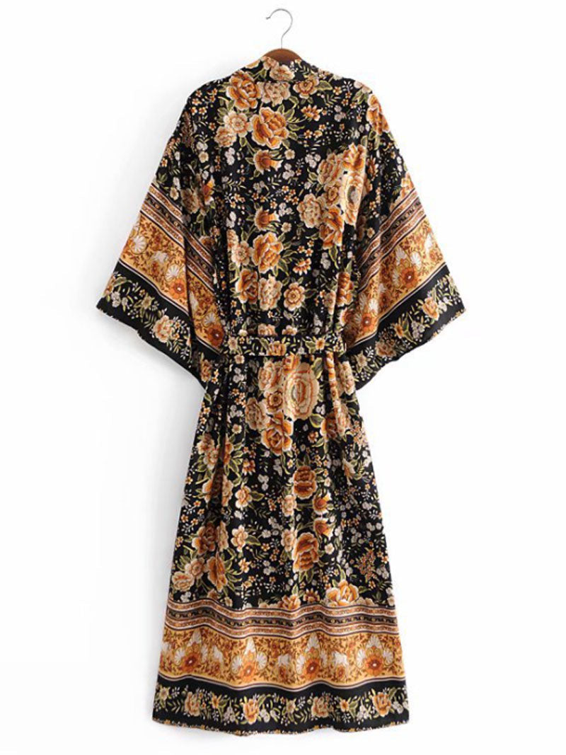Partywear Floral Print Black Color Cotton Long Length Gown Kimono Duster Robe - Fashionpara