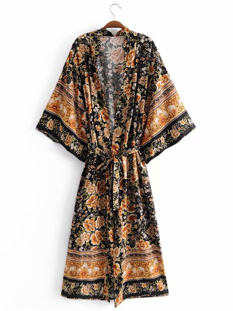 Partywear Floral Print Black Color Cotton Long Length Gown Kimono Duster Robe - Fashionpara