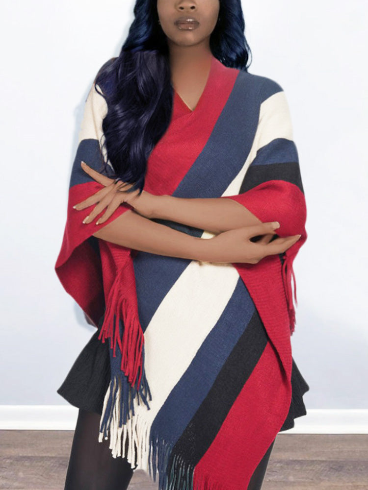 Knitted Striped Tassel Poncho 6
