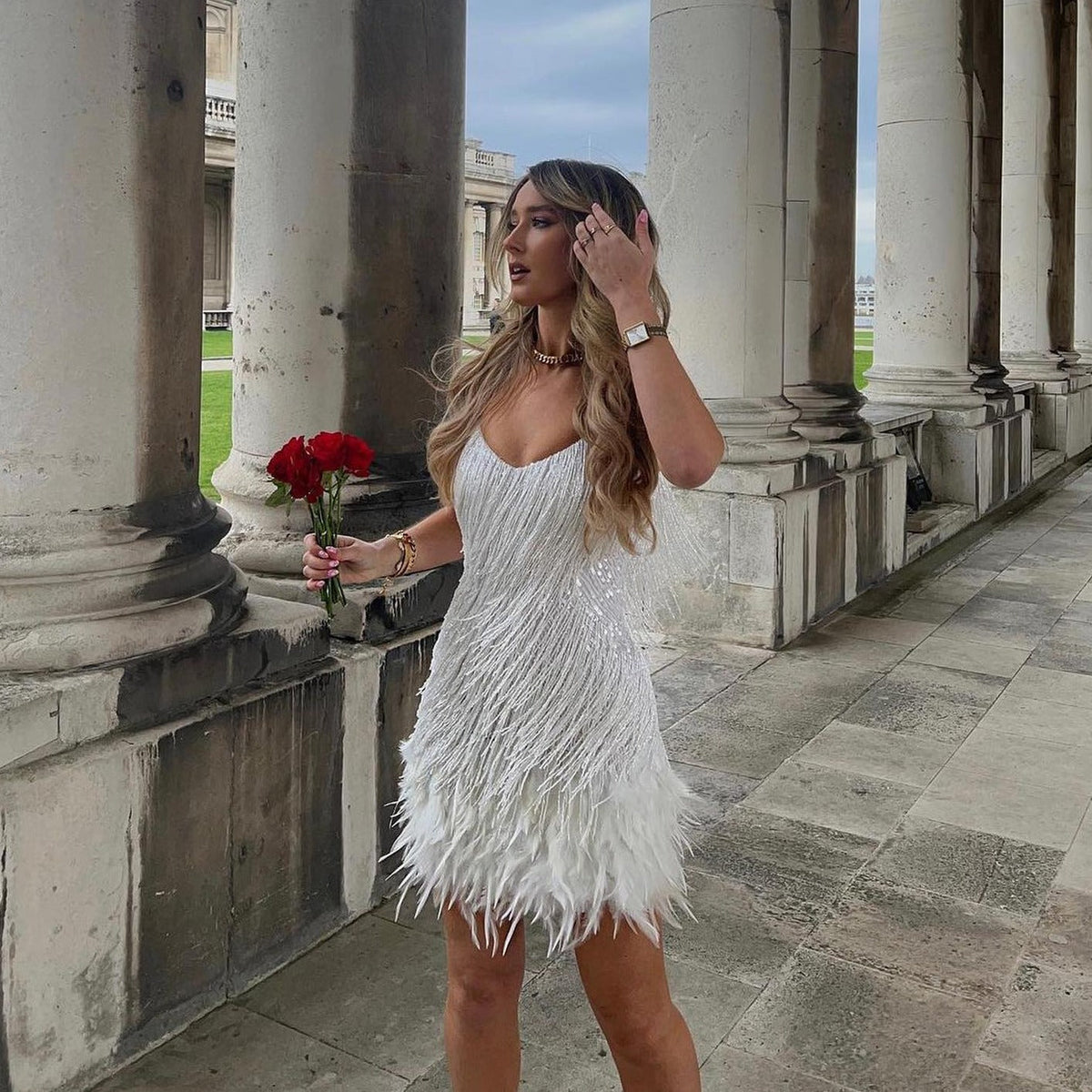 Fringe Spaghetti Strap Tiered Feather Hem Mini Dress 18