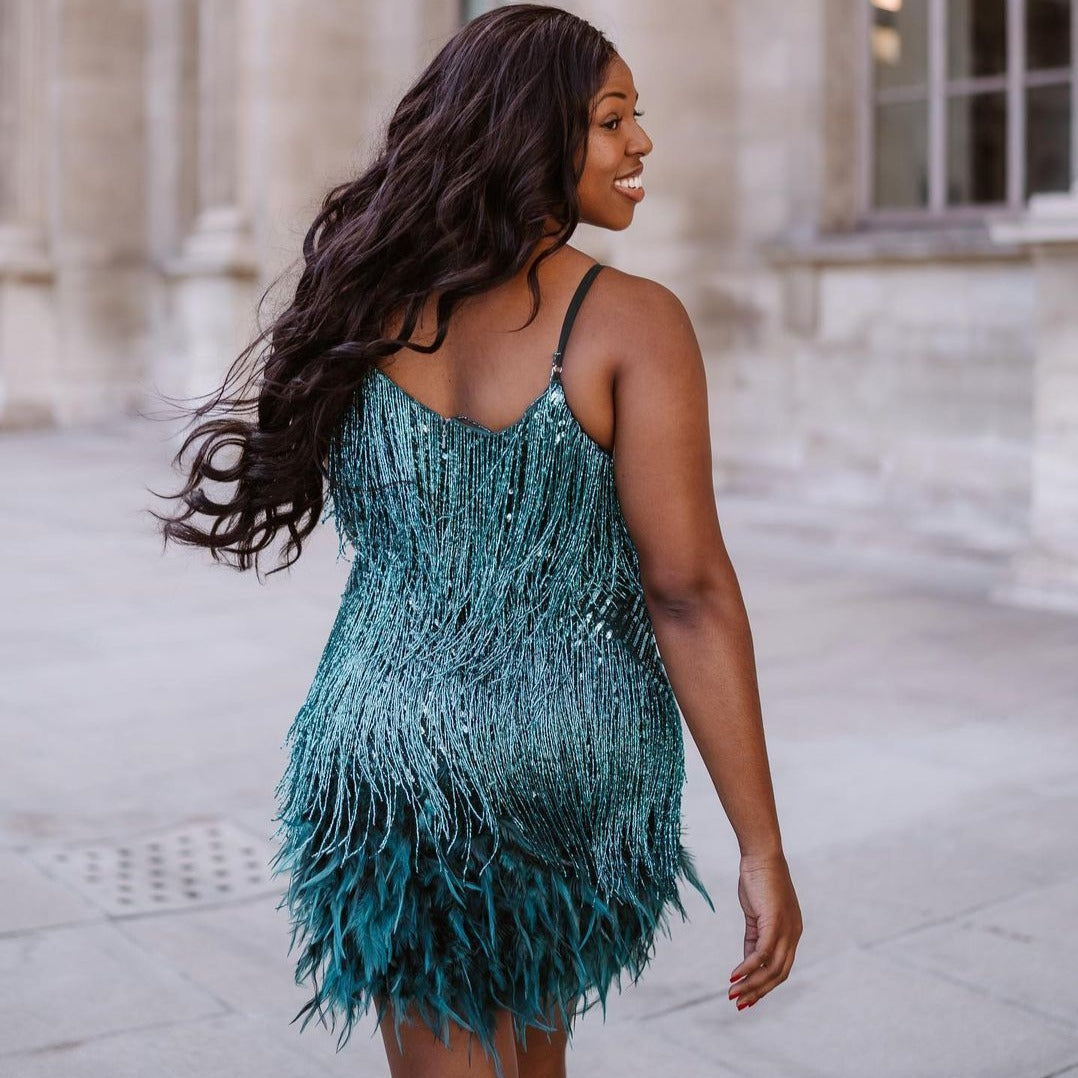 Fringe Spaghetti Strap Tiered Feather Hem Mini Dress 5