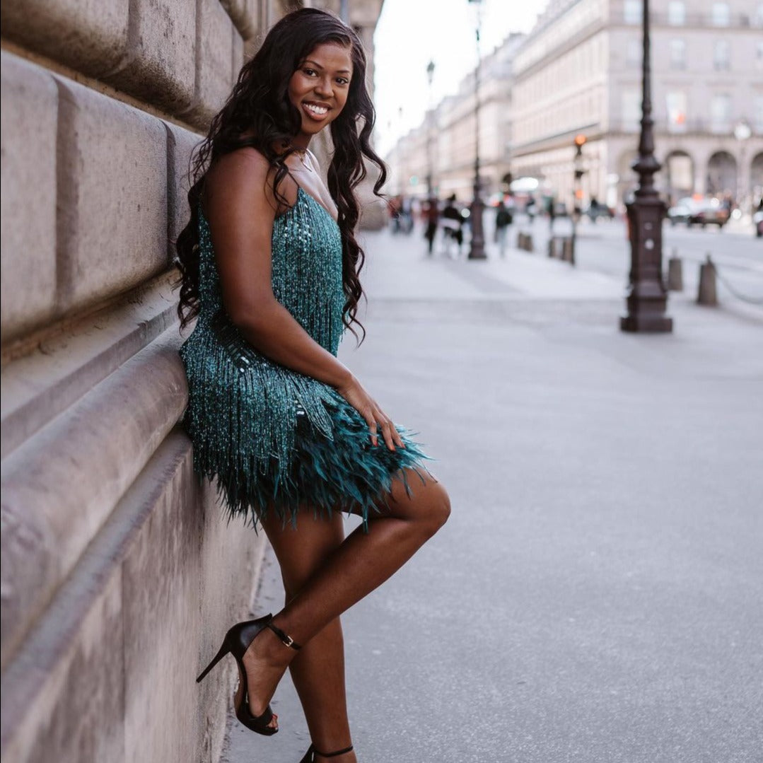 Fringe Spaghetti Strap Tiered Feather Hem Mini Dress 6