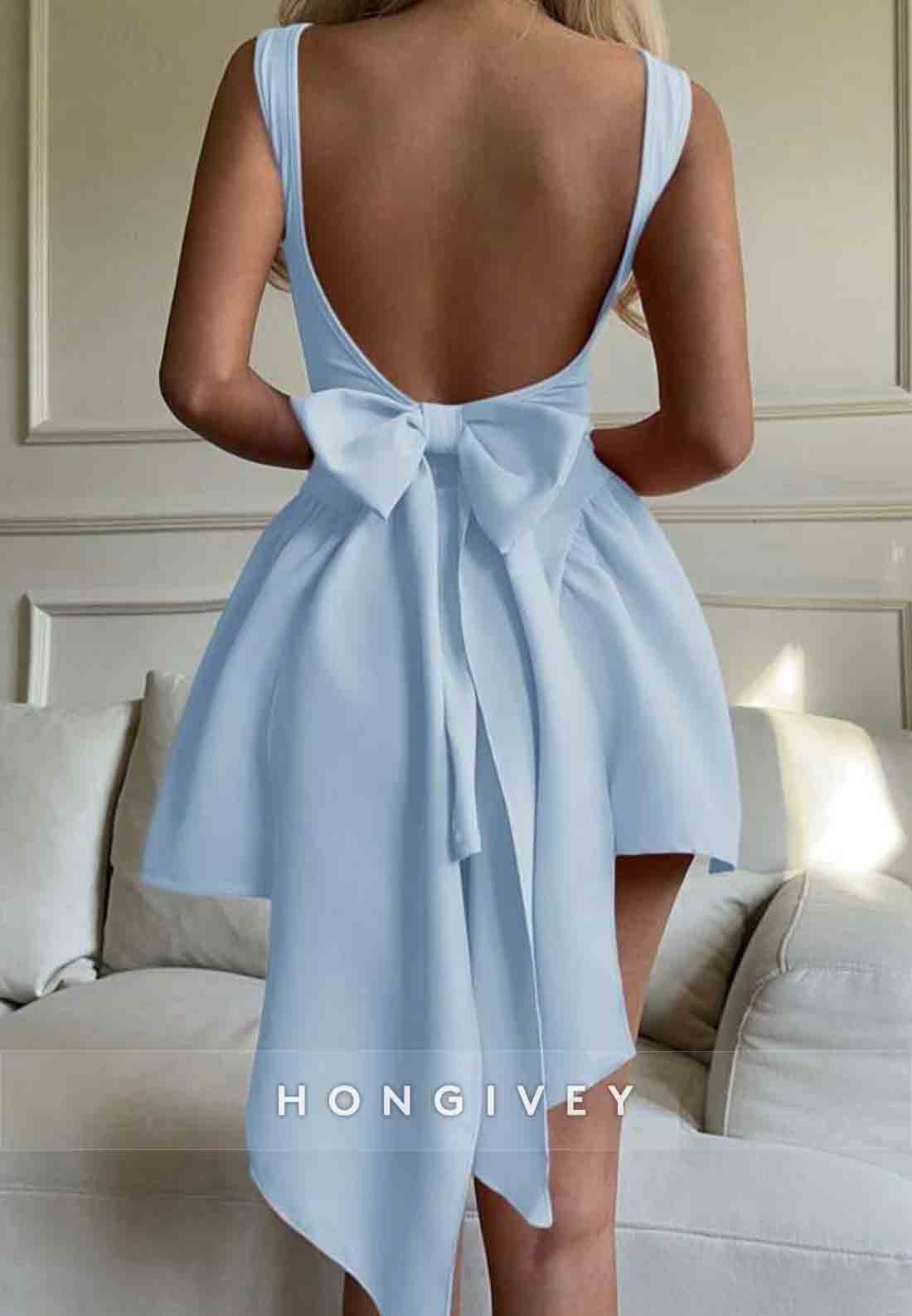 Bowknot A-Line Sleeveless Backless Pleated Cap Straps Mini Homecoming Dresses