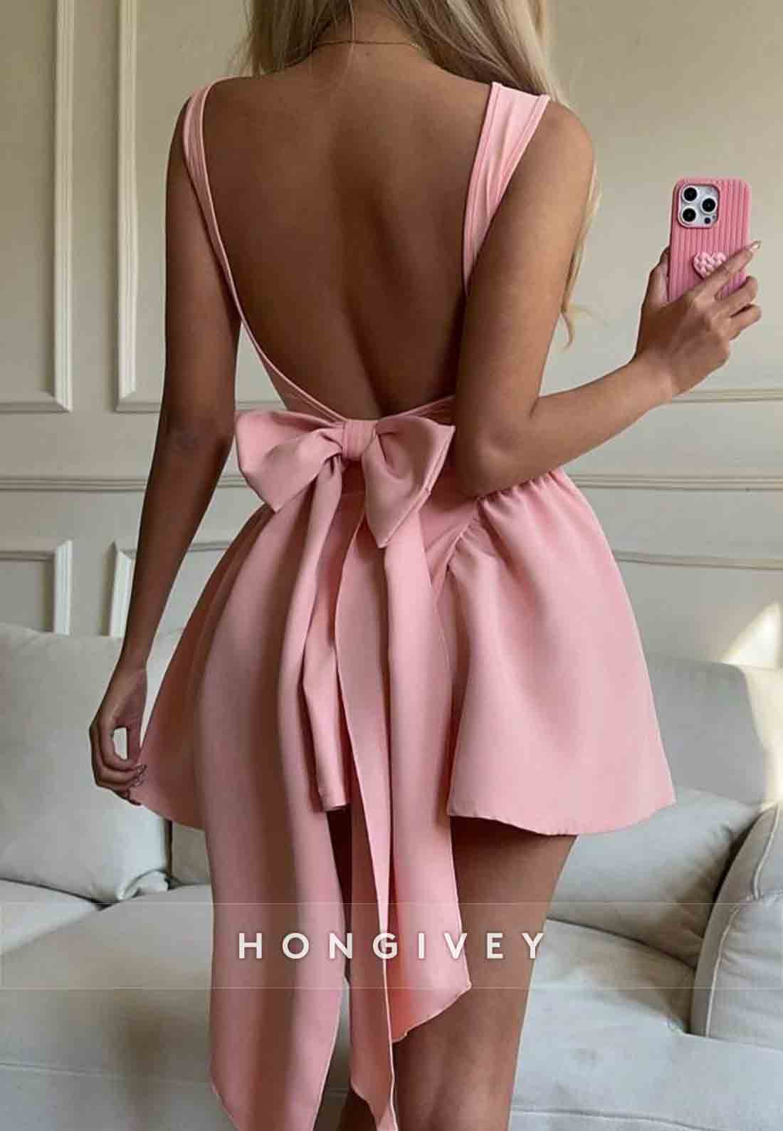 Bowknot A-Line Sleeveless Backless Pleated Cap Straps Mini Homecoming Dresses