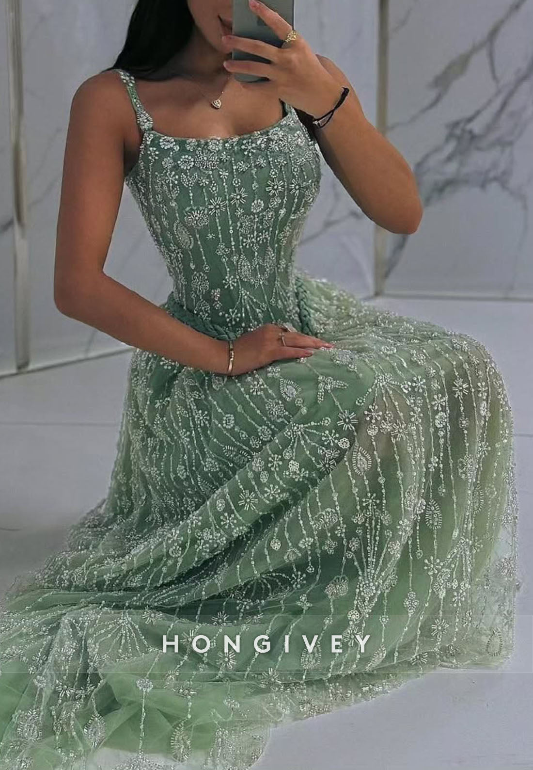 Regular Straps Sleeveless Square Pleated Beading Sweep Train Evening Gown