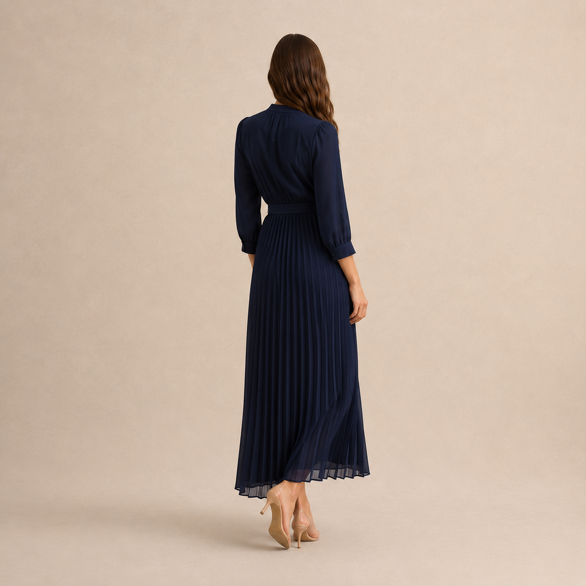Band Collar Button Front Belted Pleated Shirt Maxi Dress 9