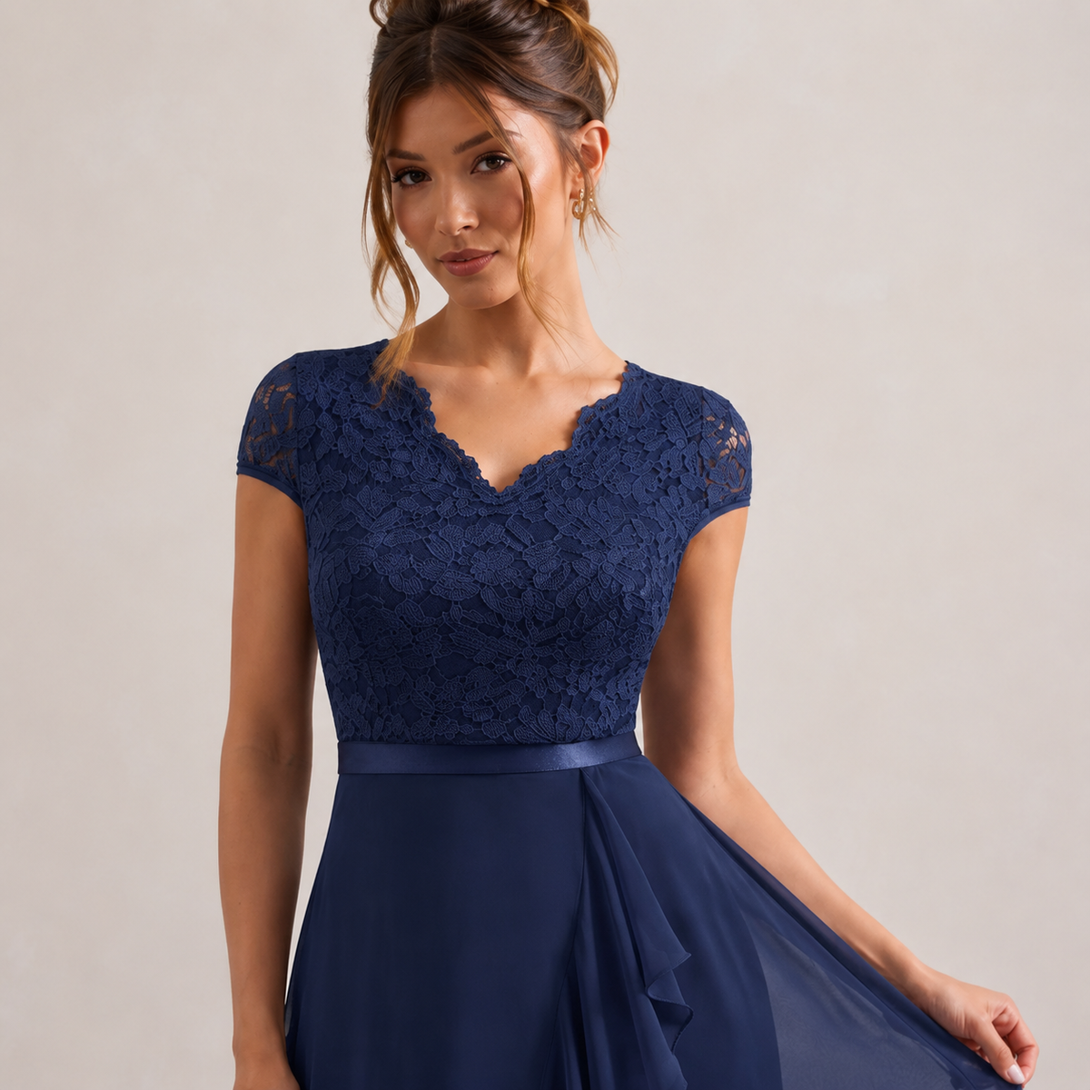 V-Neck Cap Sleeve Lace Bodice Ruffle High Low Midi Dress 11