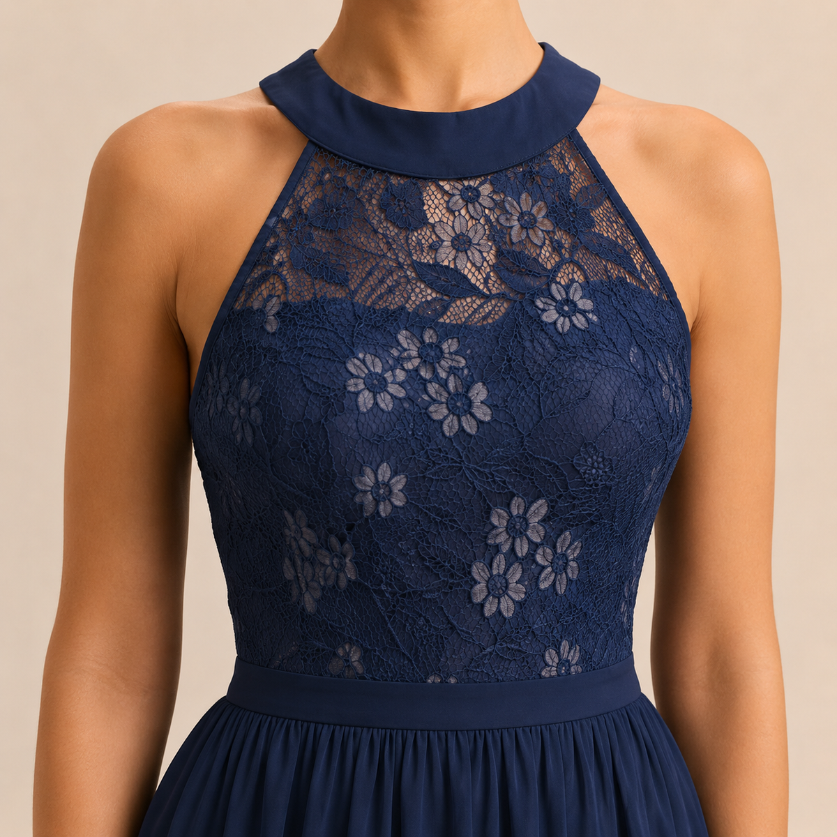 Lace Halter Neck Fit and Flare Midi Dress 2