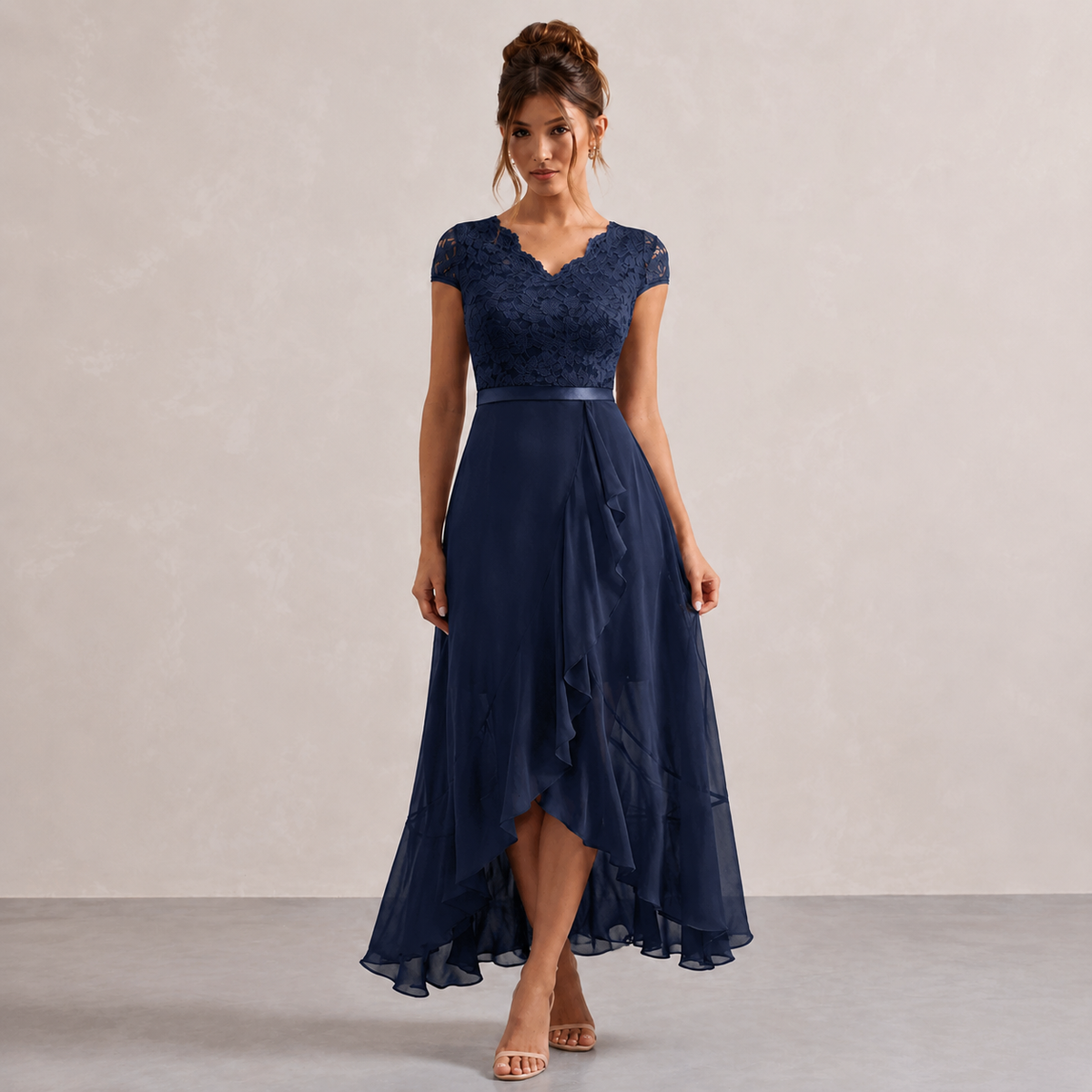 V-Neck Cap Sleeve Lace Bodice Ruffle High Low Midi Dress 10