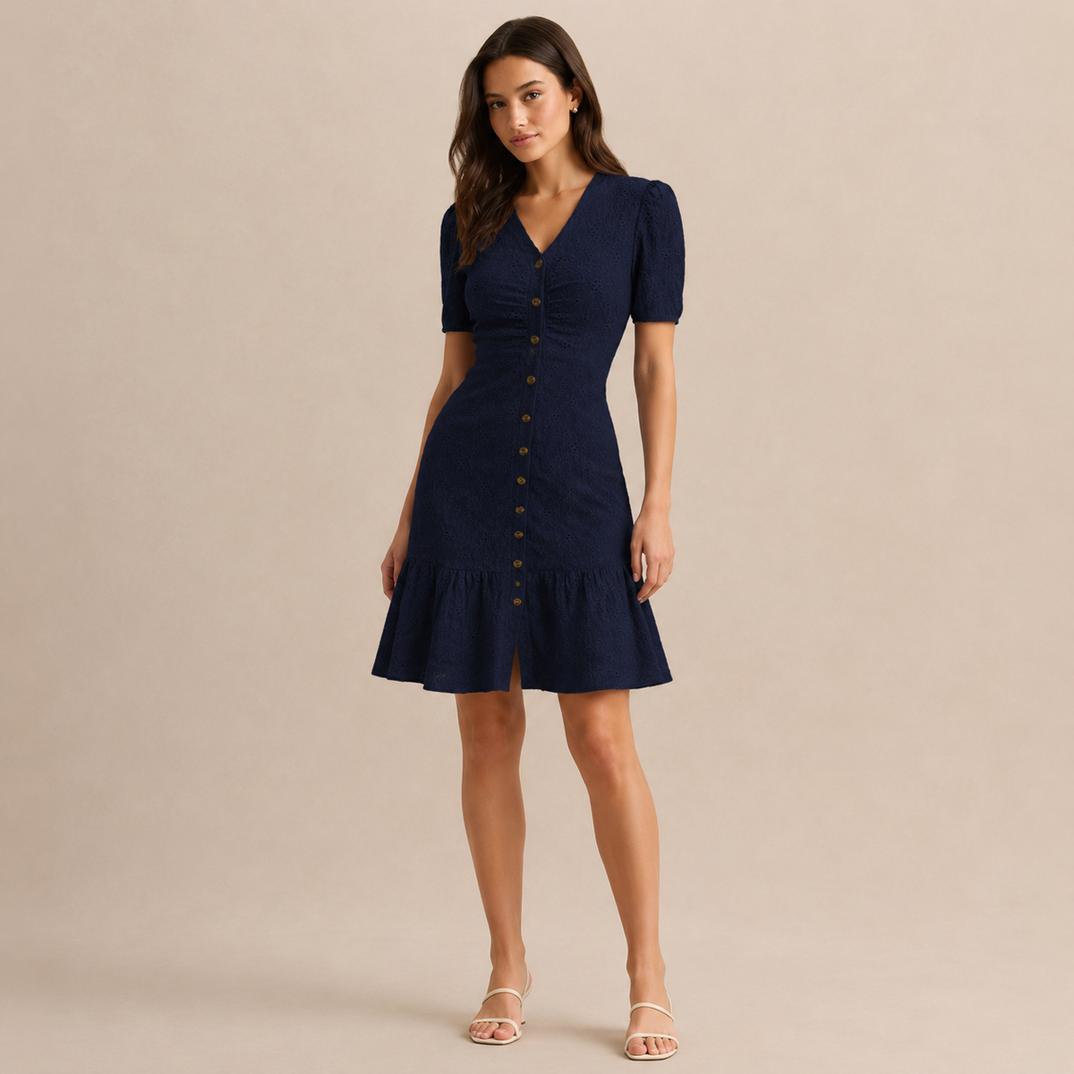 V-Neck Button Front Eyelet Ruffle Hem Mini Dress