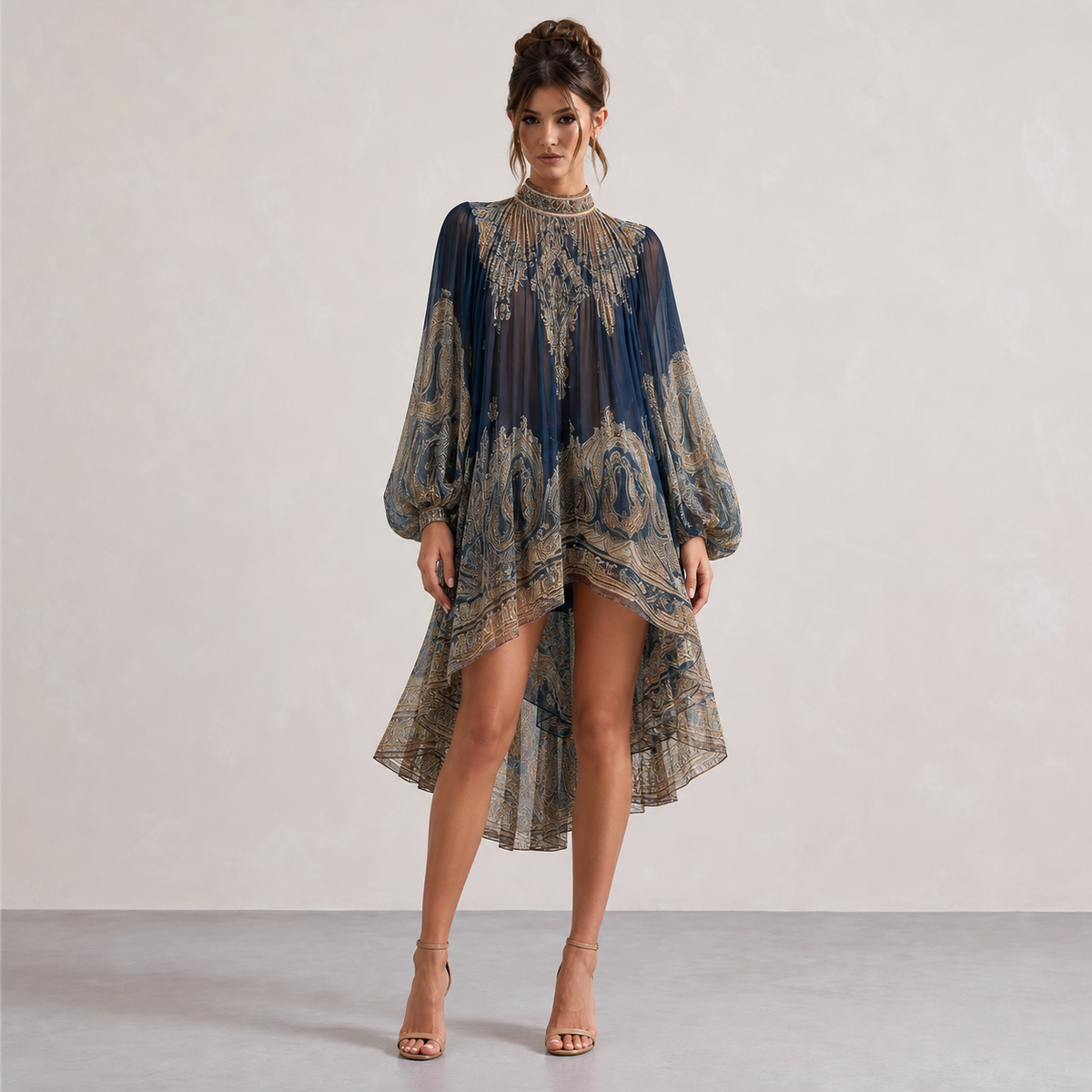 Paisley Print High Neck Balloon Sleeve High Low Mini Dress