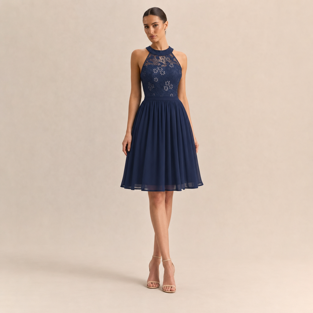 Lace Halter Neck Fit and Flare Midi Dress