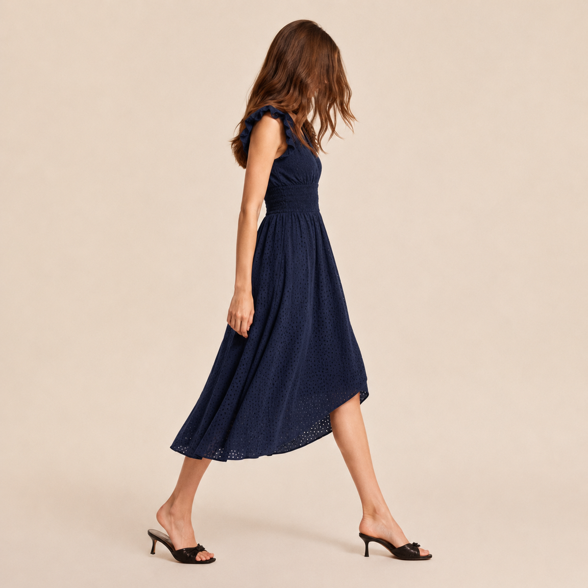 Broderie V-Neck Flutter Sleeve Shirred Waist A-Line Midi Dress 12
