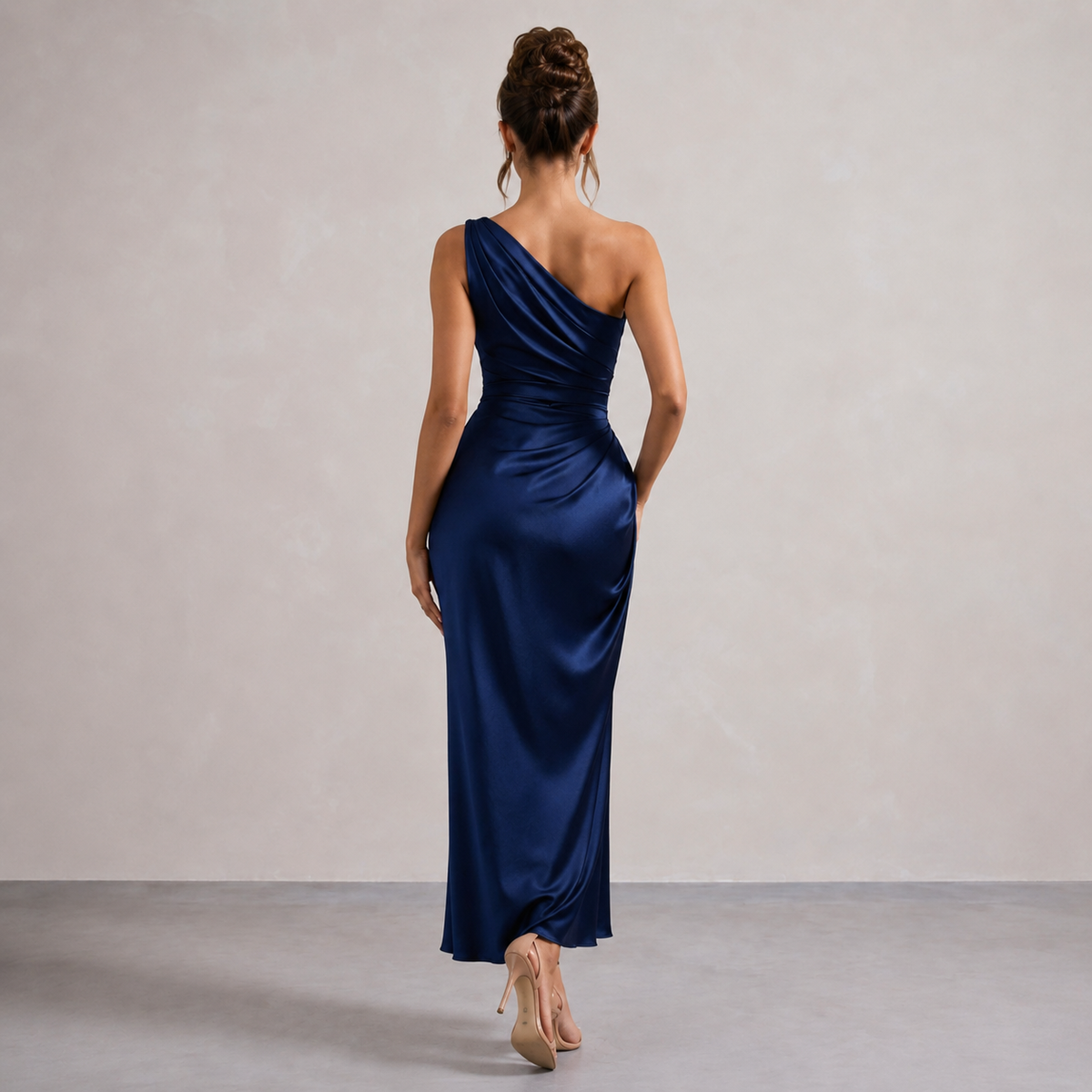 One Shoulder Ruched Draped Satin Midi Dress 12