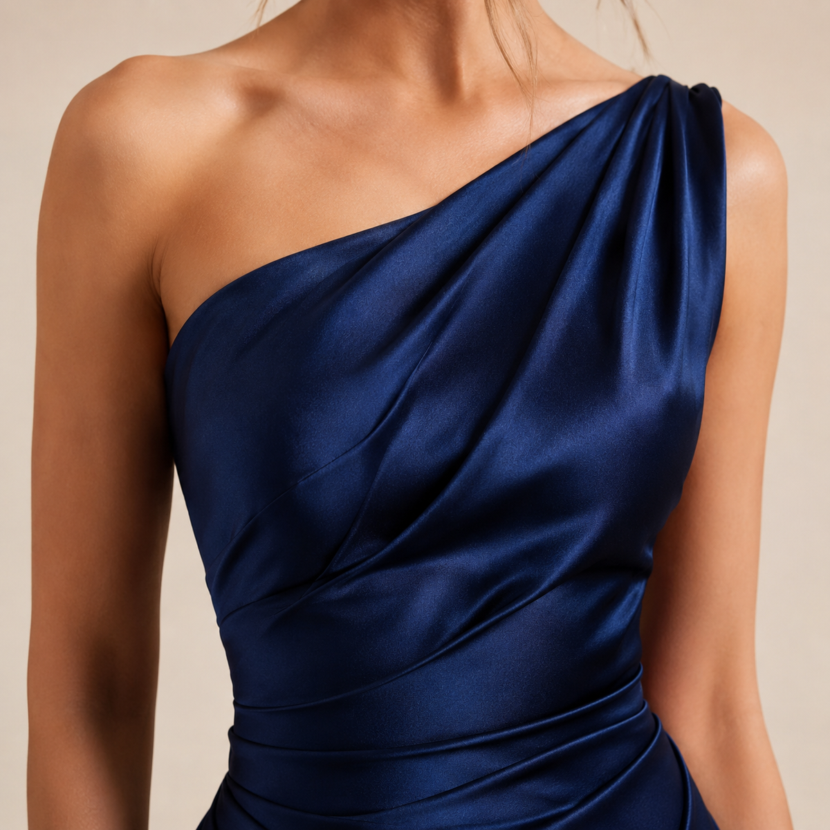 One Shoulder Ruched Draped Satin Midi Dress 11