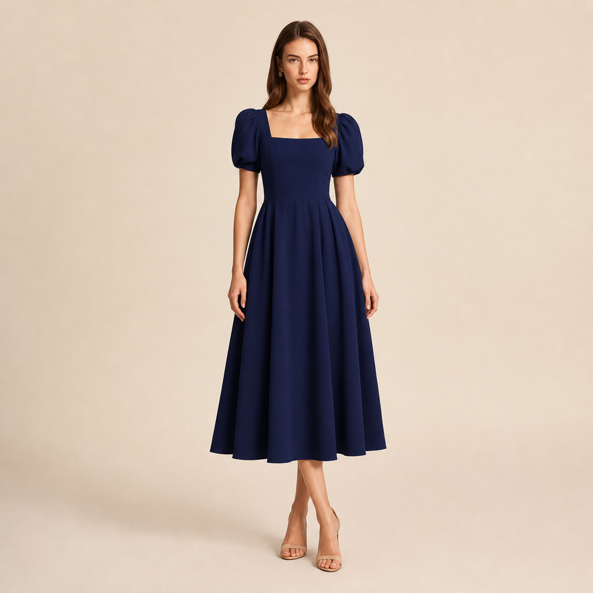 Square Neck Puff Sleeve Fit and Flare Midi Dress 13