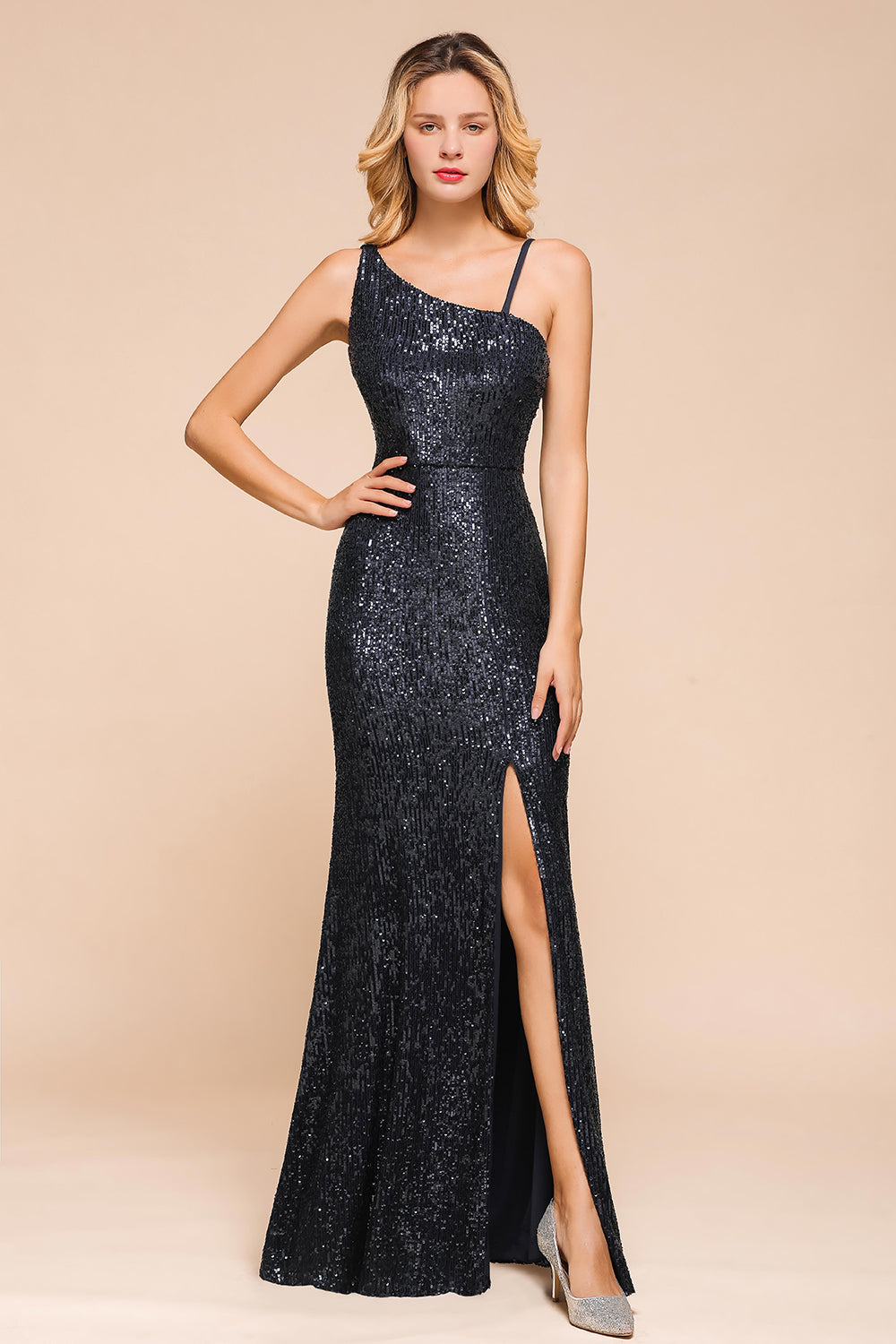 Navy One Shoulder Sequins Prom Dress Long Mermaid Evening Gowns With Split - Fashionpara
