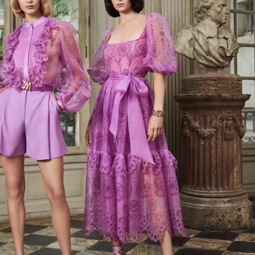 Embroidered Square Neck Puff Sleeve Tiered Midi Dress