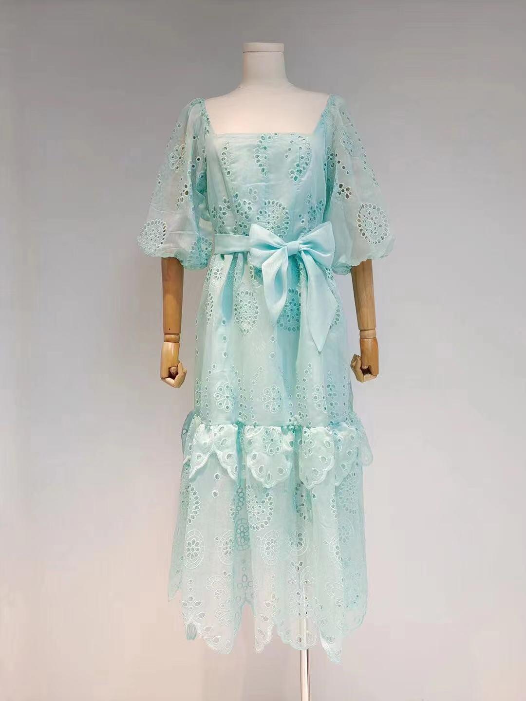 Embroidered Square Neck Puff Sleeve Tiered Midi Dress