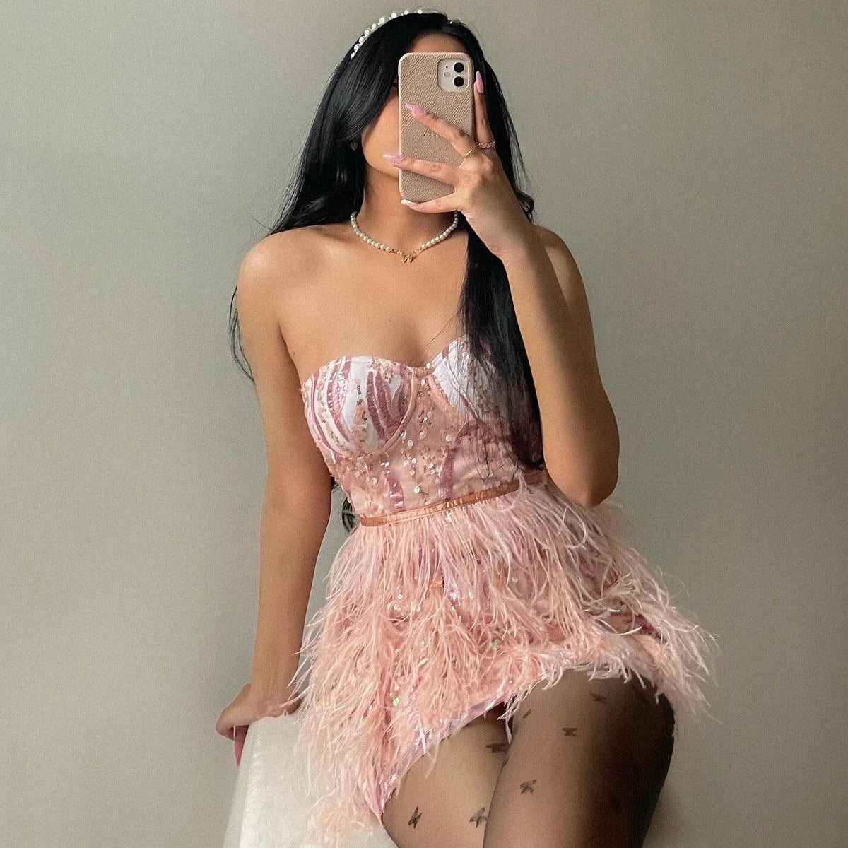 Sequin Strapless Bustier Feather Trim Mini Dress