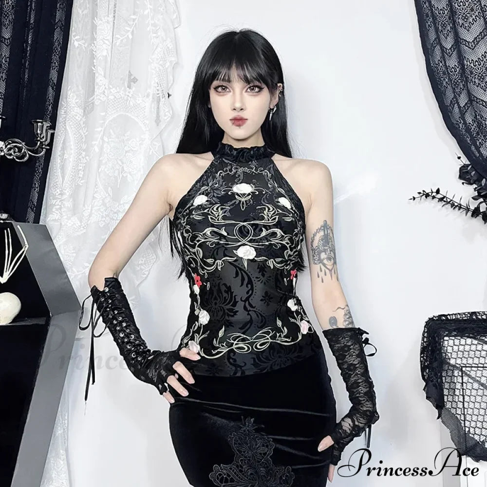 Neo-Chinese Style Vintage Plant Print Flocking Backless Crop Top