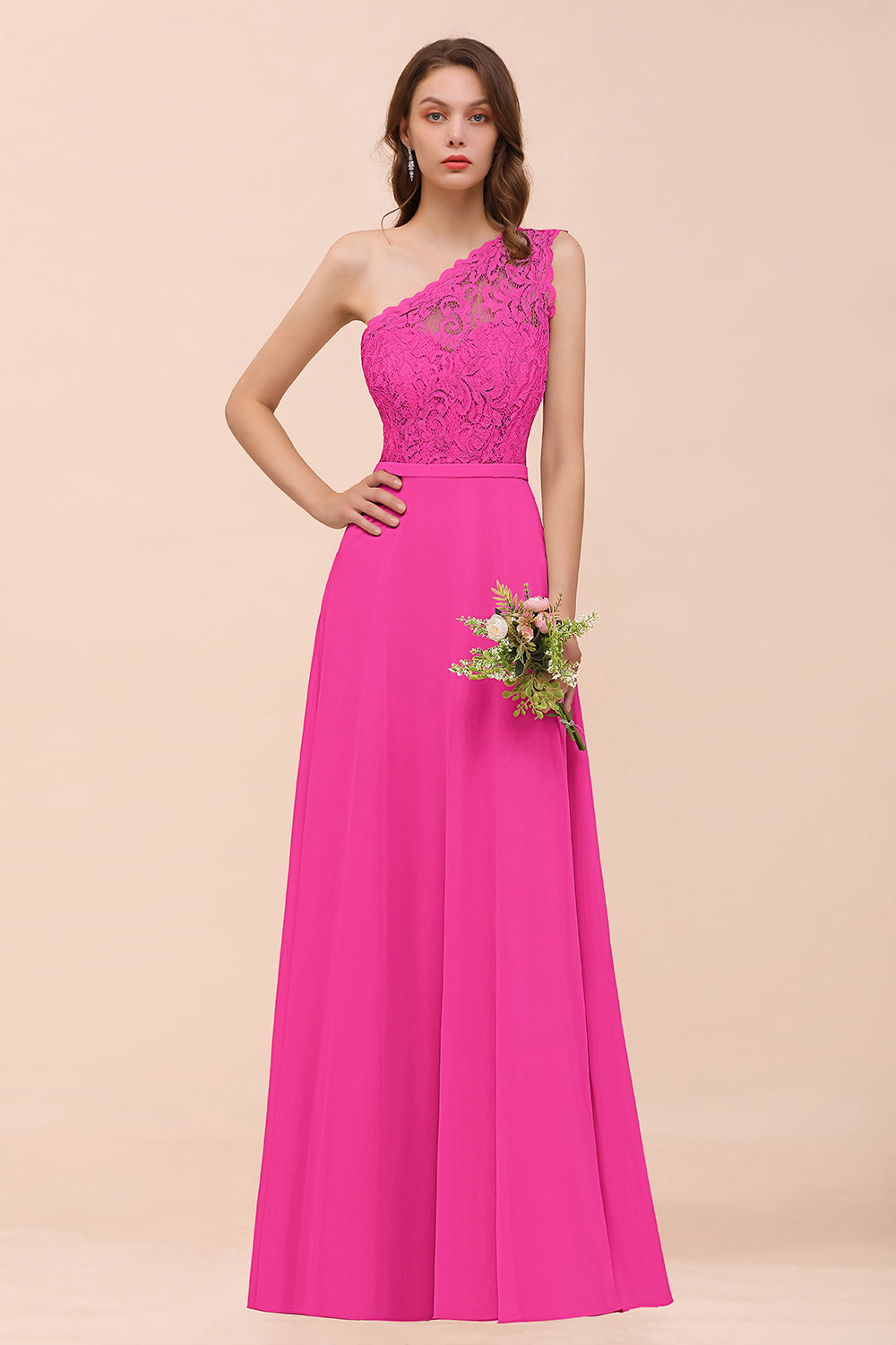 New Arrival Dusty Rose One Shoulder Lace Long Bridesmaid Dresses - Fashionpara