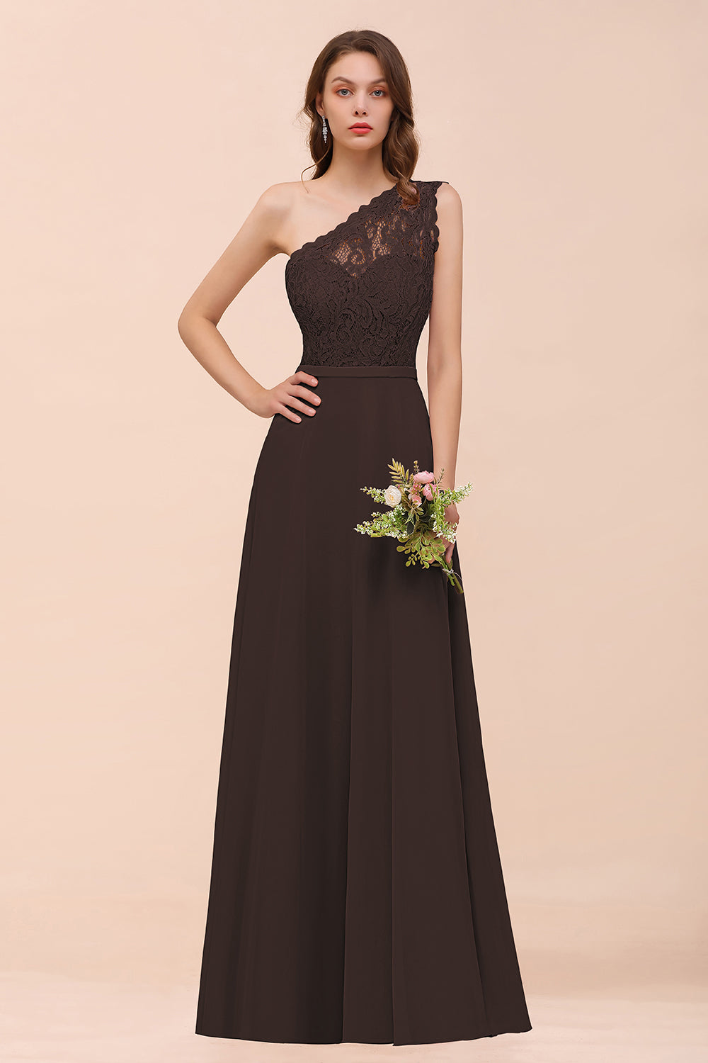 New Arrival Dusty Rose One Shoulder Lace Long Bridesmaid Dresses - Fashionpara