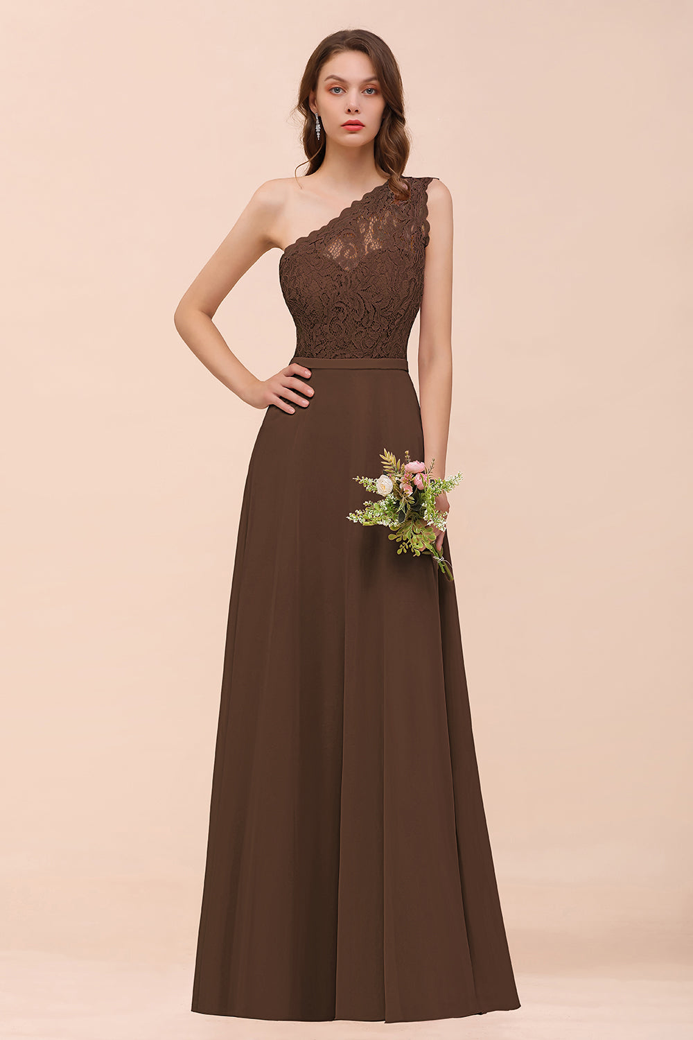 New Arrival Dusty Rose One Shoulder Lace Long Bridesmaid Dresses - Fashionpara