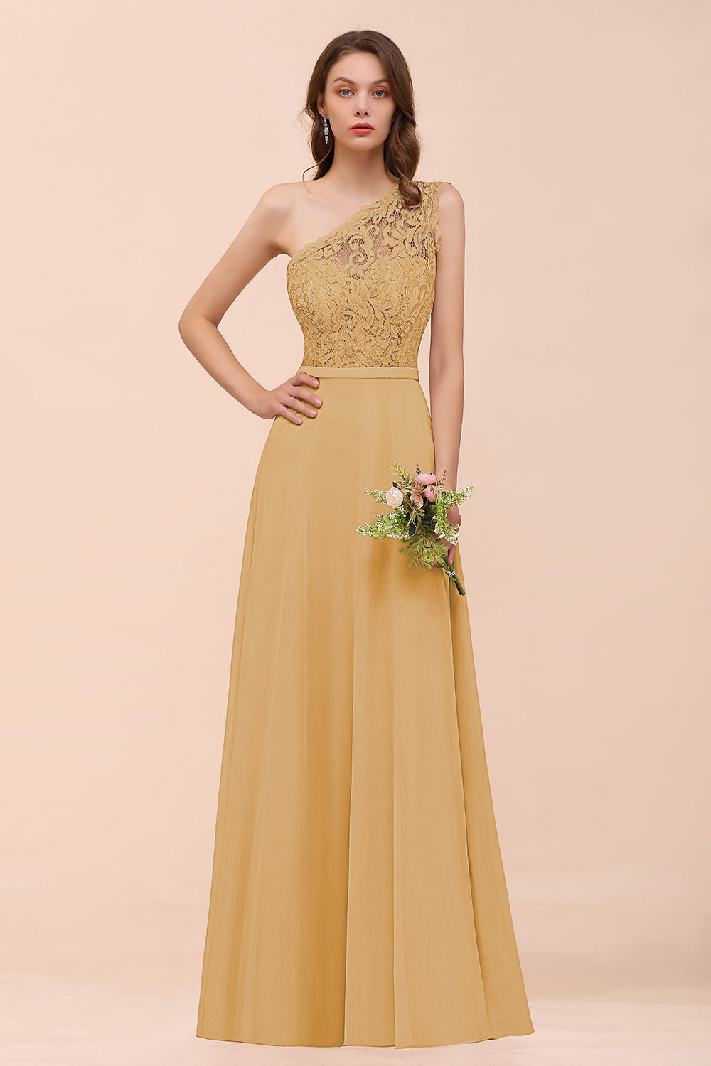 New Arrival Dusty Rose One Shoulder Lace Long Bridesmaid Dresses - Fashionpara