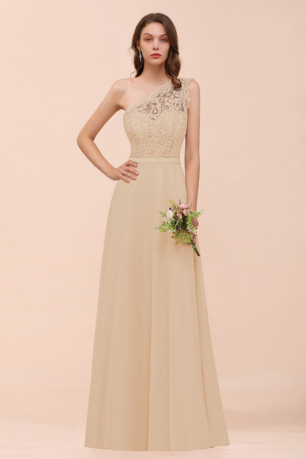New Arrival Dusty Rose One Shoulder Lace Long Bridesmaid Dresses - Fashionpara