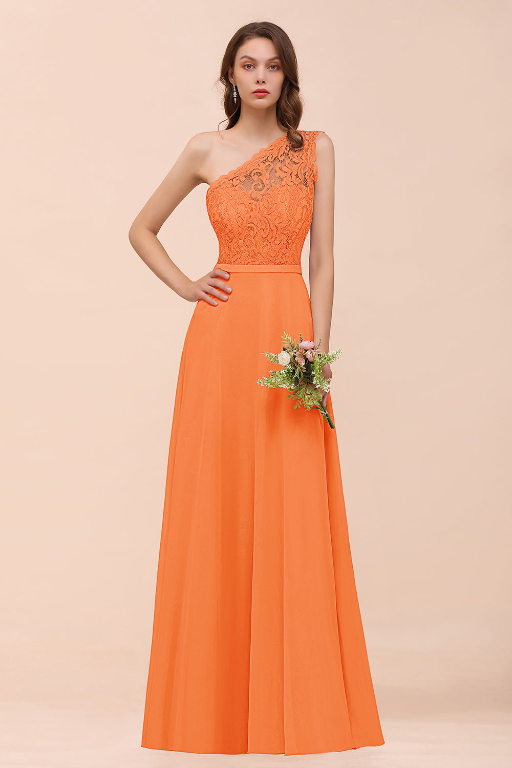 New Arrival Dusty Rose One Shoulder Lace Long Bridesmaid Dresses - Fashionpara