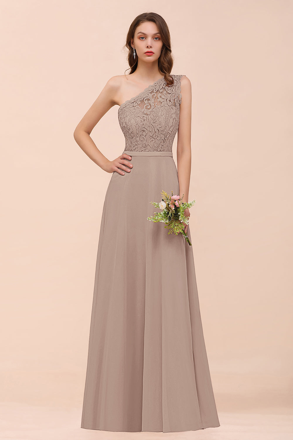 New Arrival Dusty Rose One Shoulder Lace Long Bridesmaid Dresses - Fashionpara
