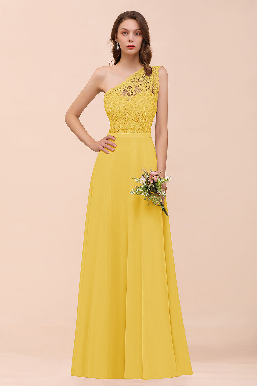 New Arrival Dusty Rose One Shoulder Lace Long Bridesmaid Dresses - Fashionpara