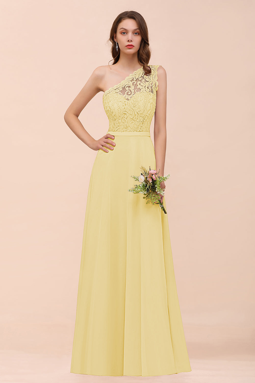 New Arrival Dusty Rose One Shoulder Lace Long Bridesmaid Dresses - Fashionpara