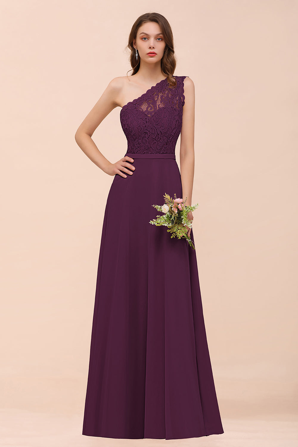 New Arrival Dusty Rose One Shoulder Lace Long Bridesmaid Dresses - Fashionpara