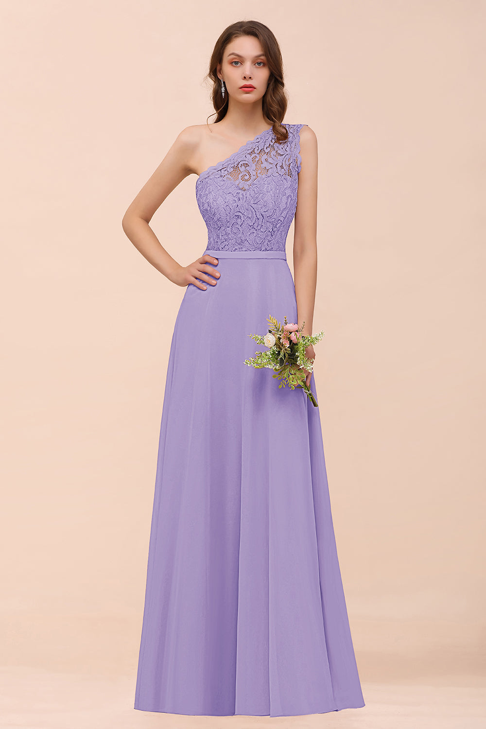 New Arrival Dusty Rose One Shoulder Lace Long Bridesmaid Dresses - Fashionpara