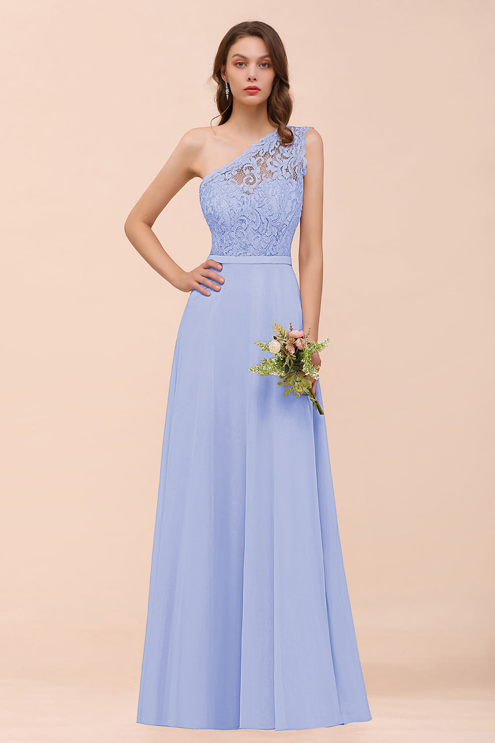 New Arrival Dusty Rose One Shoulder Lace Long Bridesmaid Dresses - Fashionpara