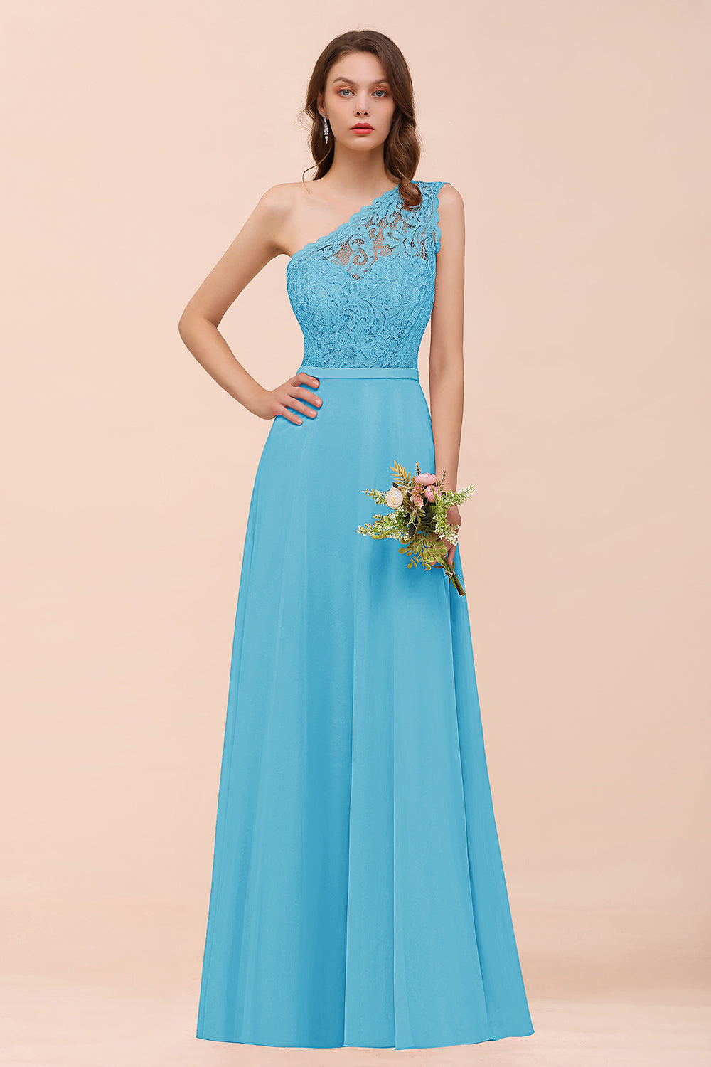 New Arrival Dusty Rose One Shoulder Lace Long Bridesmaid Dresses - Fashionpara