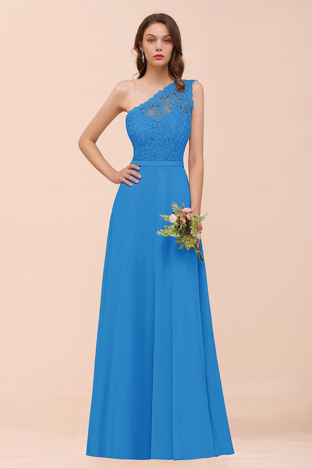New Arrival Dusty Rose One Shoulder Lace Long Bridesmaid Dresses - Fashionpara
